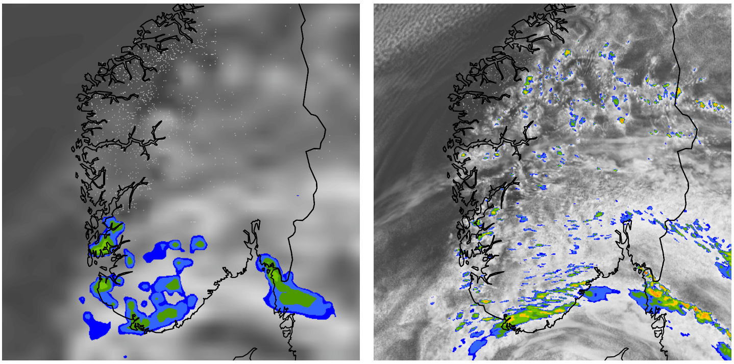 Précipitations et couverture nuageuse sur la Norvège avec le modèle ECMWF (à gauche, résolution : environ 9 km) et avec le modèle EURO1k de Meteomatics (à droite, résolution : 1 km)